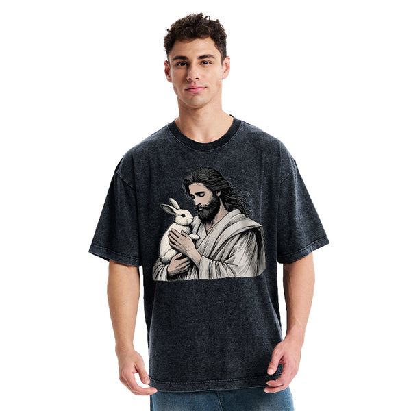 Jesus And Rabbit Easter Christian Washed T-Shirt