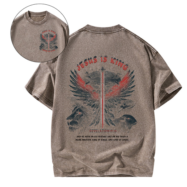 GC-WTSA2954 Jesus Is King Wings Christian Washed T-Shirt