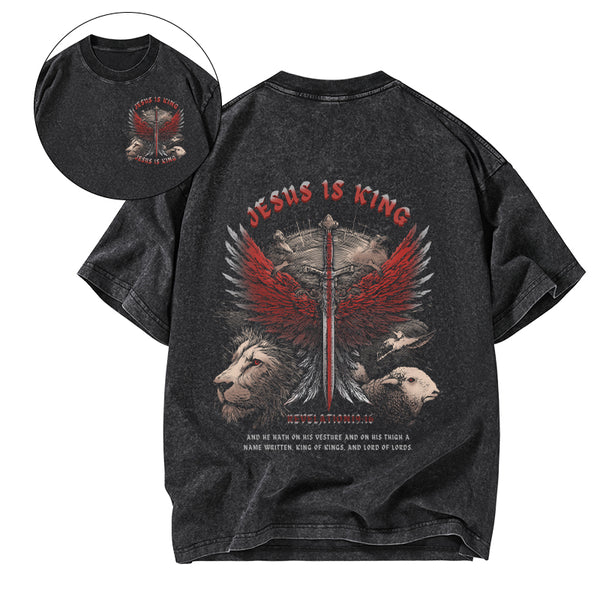 GC-WTSA2954 Jesus Is King Wings Christian Washed T-Shirt