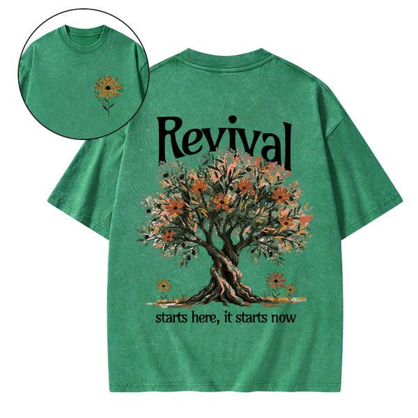 Revival Starts Here It Starts Now Christian Washed T-Shirt