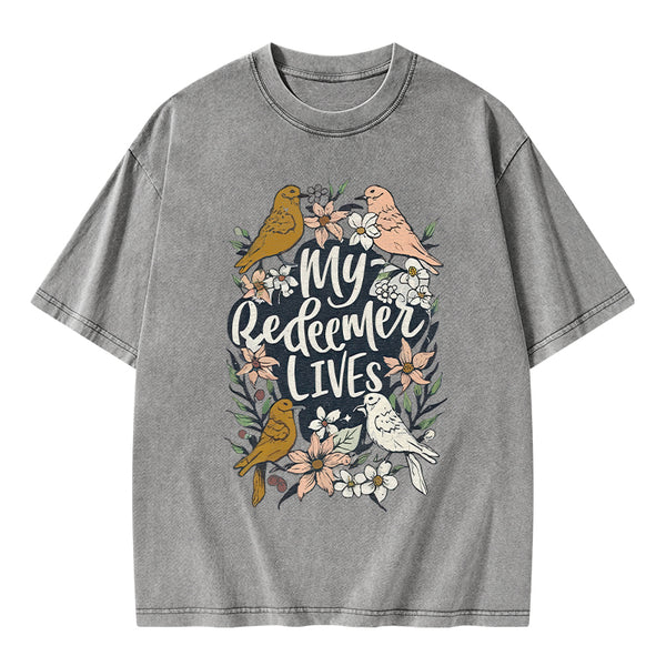 My Redeemer Lives Christian Washed T-Shirt