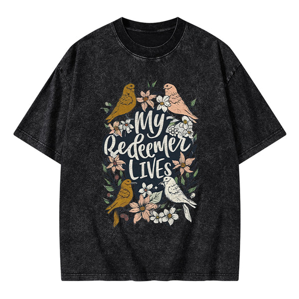 My Redeemer Lives Christian Washed T-Shirt
