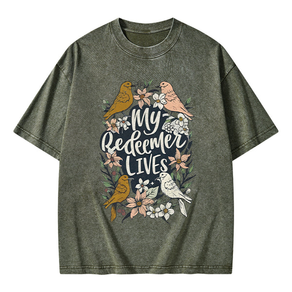 My Redeemer Lives Christian Washed T-Shirt
