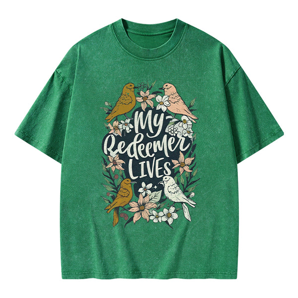My Redeemer Lives Christian Washed T-Shirt