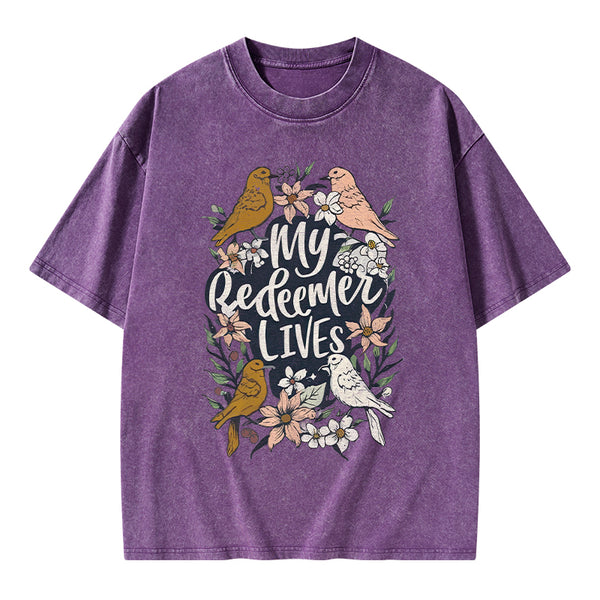 My Redeemer Lives Christian Washed T-Shirt