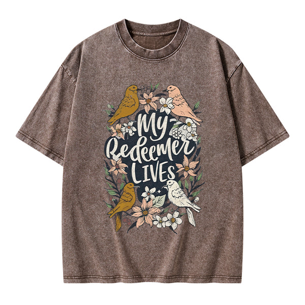 My Redeemer Lives Christian Washed T-Shirt