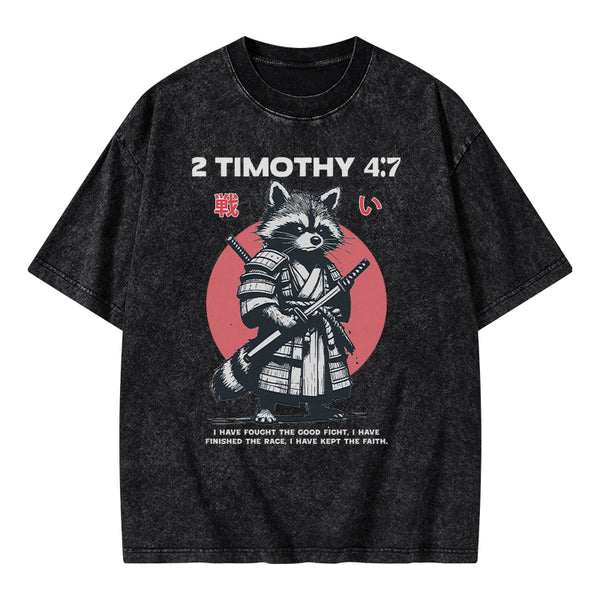 Fought The Good Fight Raccoon Christian Washed T-Shirt