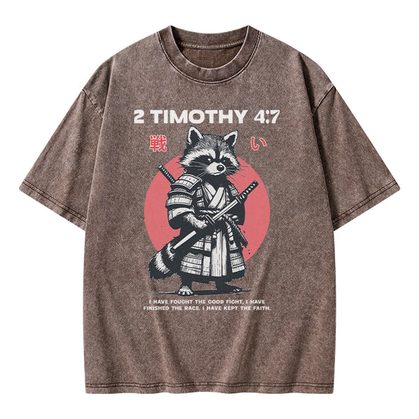 Fought The Good Fight Raccoon Christian Washed T-Shirt