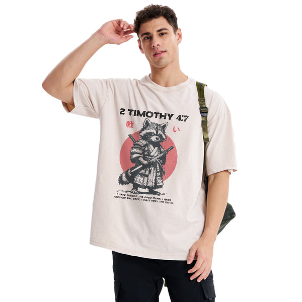 Fought The Good Fight Raccoon Christian Washed T-Shirt
