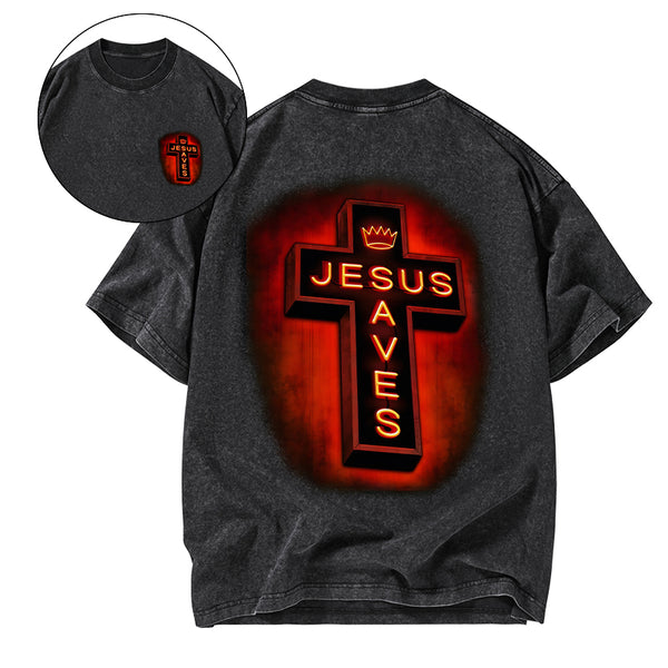 Jesus Saves Red Light Cross Christian Washed T-Shirt