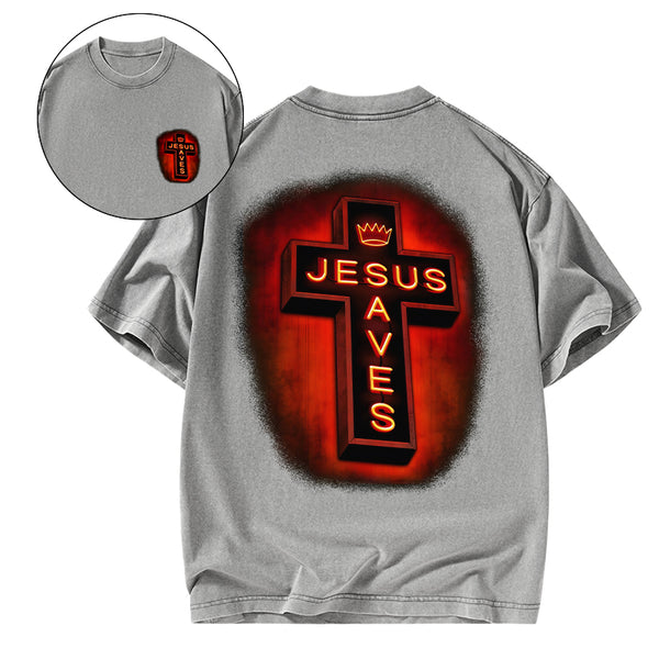 Jesus Saves Red Light Cross Christian Washed T-Shirt