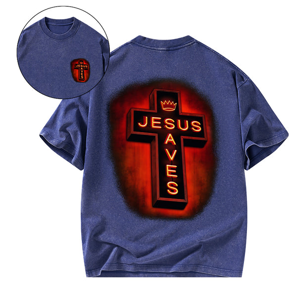 Jesus Saves Red Light Cross Christian Washed T-Shirt