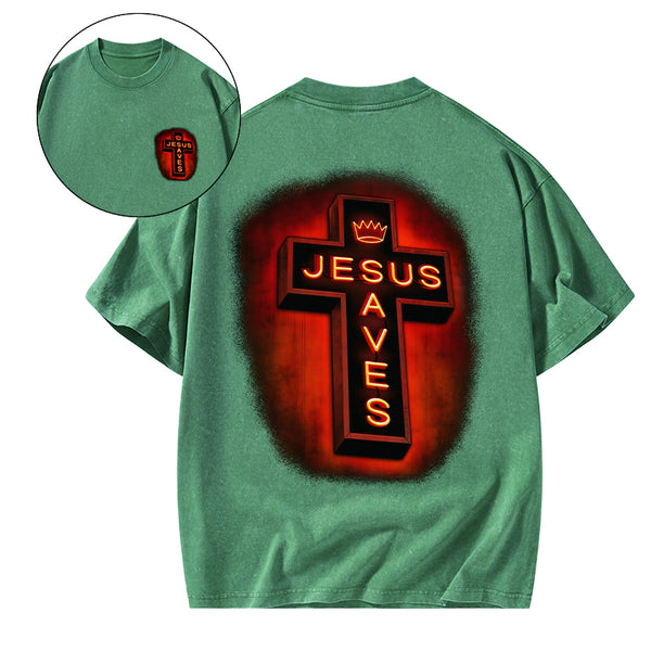 Jesus Saves Red Light Cross Christian Washed T-Shirt