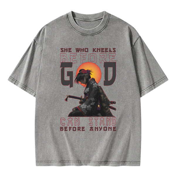 GC-WTSK0110 She Who Kneels Before God Christian Washed T-Shirt