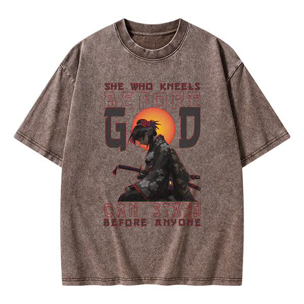 GC-WTSK0110 She Who Kneels Before God Christian Washed T-Shirt