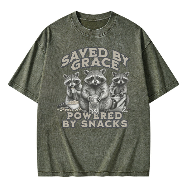 Saved By Grace Powered By Snacks Christian Washed T-Shirt