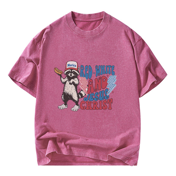 GC-WTSY094 Red White And Jesus Christ Independence Day Christian Washed T-Shirt