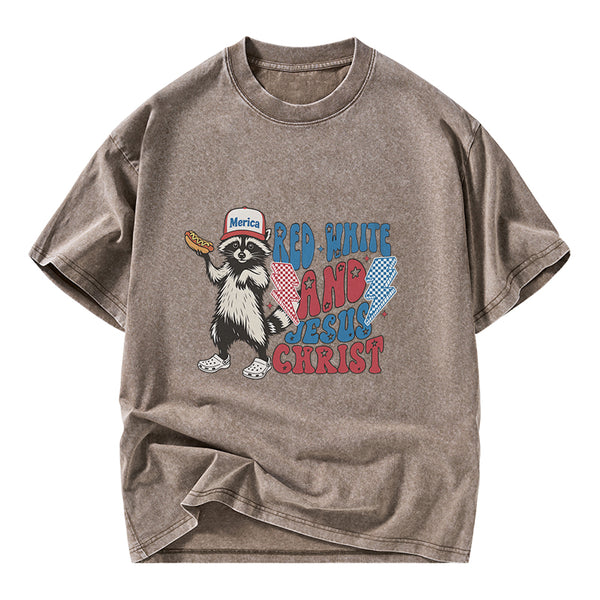 GC-WTSY094 Red White And Jesus Christ Independence Day Christian Washed T-Shirt