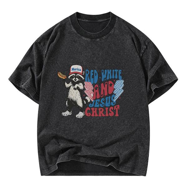 GC-WTSY094 Red White And Jesus Christ Independence Day Christian Washed T-Shirt
