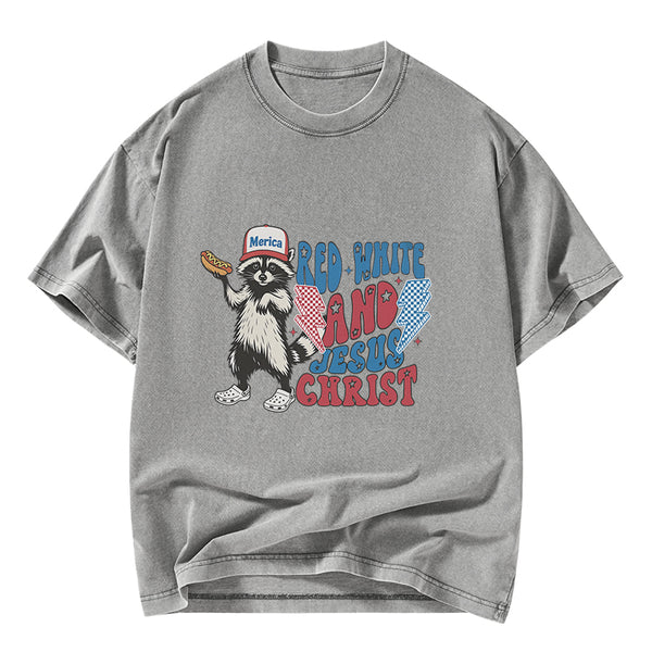 GC-WTSY094 Red White And Jesus Christ Independence Day Christian Washed T-Shirt