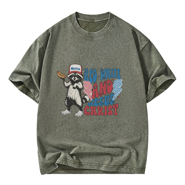 GC-WTSY094 Red White And Jesus Christ Independence Day Christian Washed T-Shirt