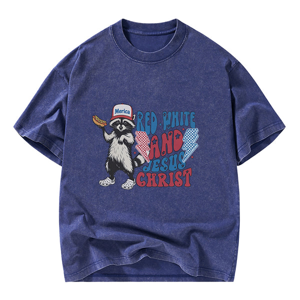 GC-WTSY094 Red White And Jesus Christ Independence Day Christian Washed T-Shirt