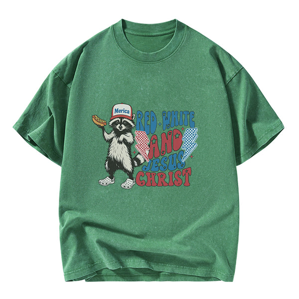 GC-WTSY094 Red White And Jesus Christ Independence Day Christian Washed T-Shirt