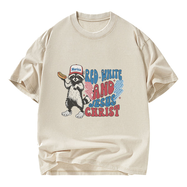 GC-WTSY094 Red White And Jesus Christ Independence Day Christian Washed T-Shirt