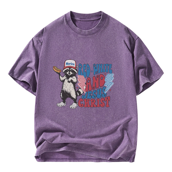 GC-WTSY094 Red White And Jesus Christ Independence Day Christian Washed T-Shirt
