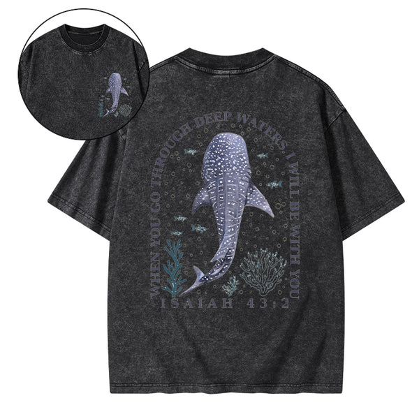 When You Go Through Deep Waters Whale Christian Washed T-Shirt