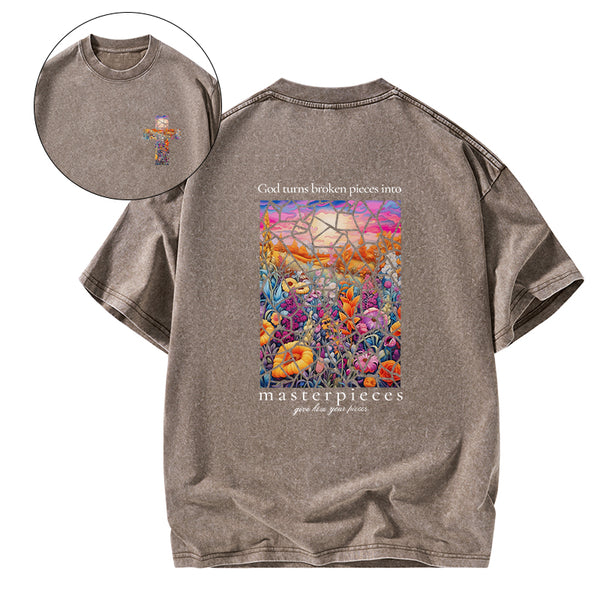 God Turns Broken Pieces Into Masterpieces Florals Christian Washed T-Shirt