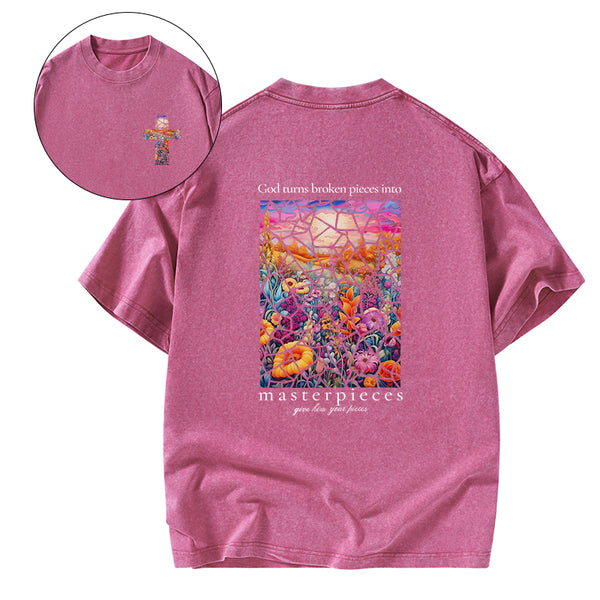 God Turns Broken Pieces Into Masterpieces Florals Christian Washed T-Shirt