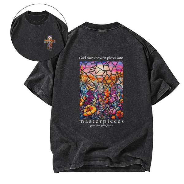 God Turns Broken Pieces Into Masterpieces Florals Christian Washed T-Shirt