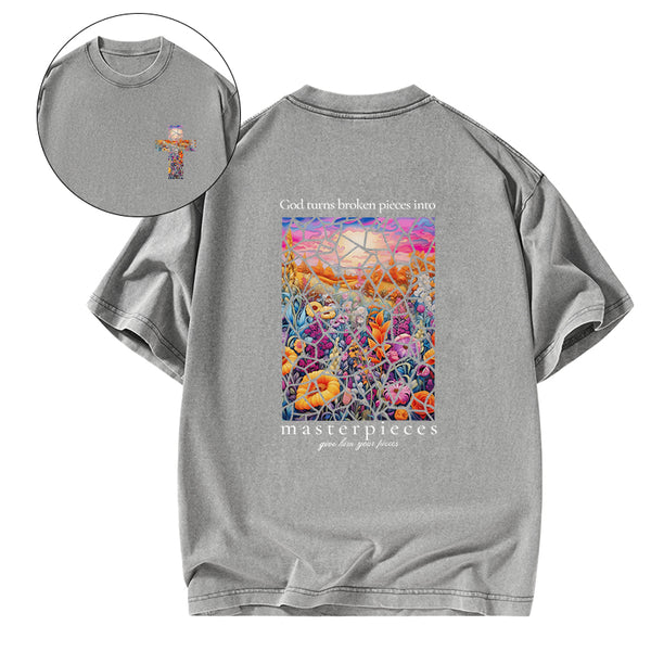 God Turns Broken Pieces Into Masterpieces Florals Christian Washed T-Shirt