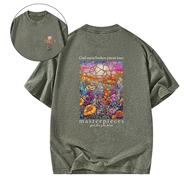 God Turns Broken Pieces Into Masterpieces Florals Christian Washed T-Shirt