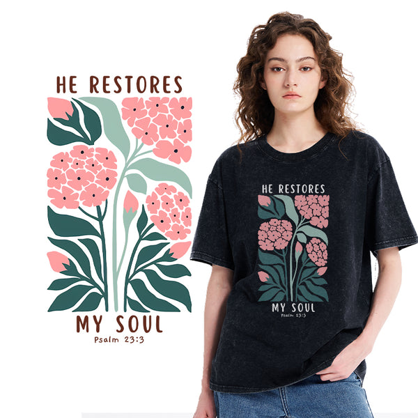 He Restores My Soul Christian Washed T-Shirt