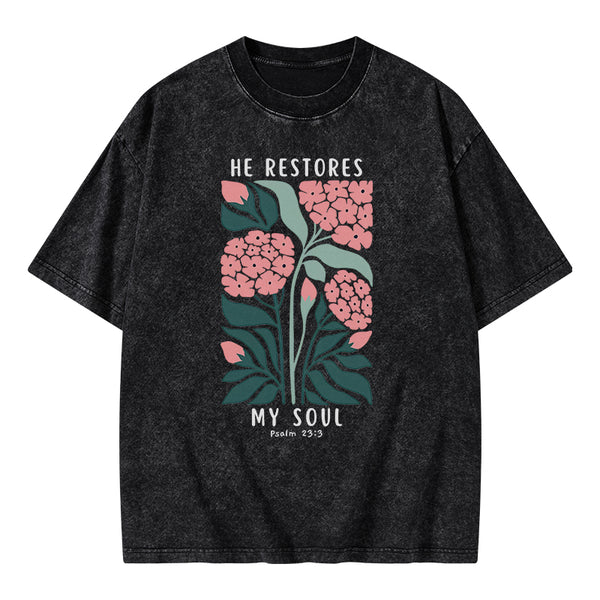 He Restores My Soul Christian Washed T-Shirt