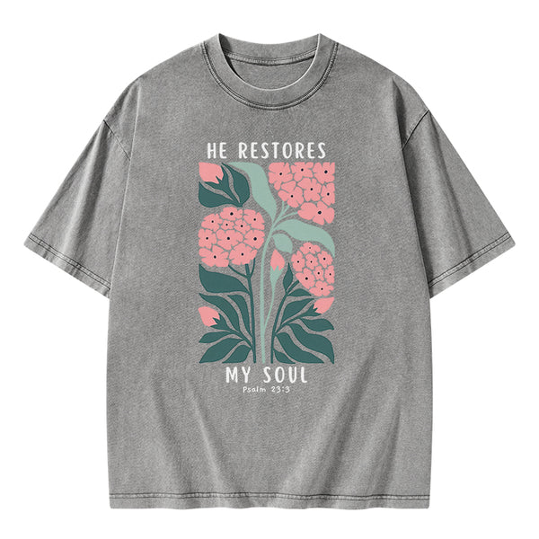 He Restores My Soul Christian Washed T-Shirt