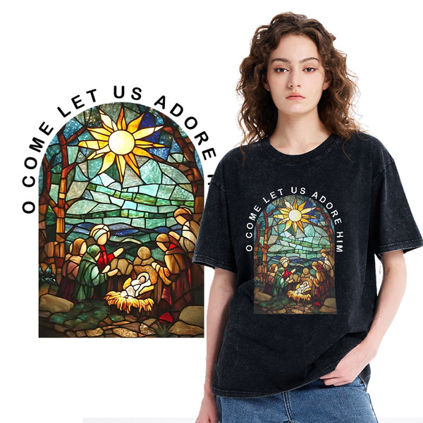 O Come Let Us Adore Him Christian Washed T-shirt