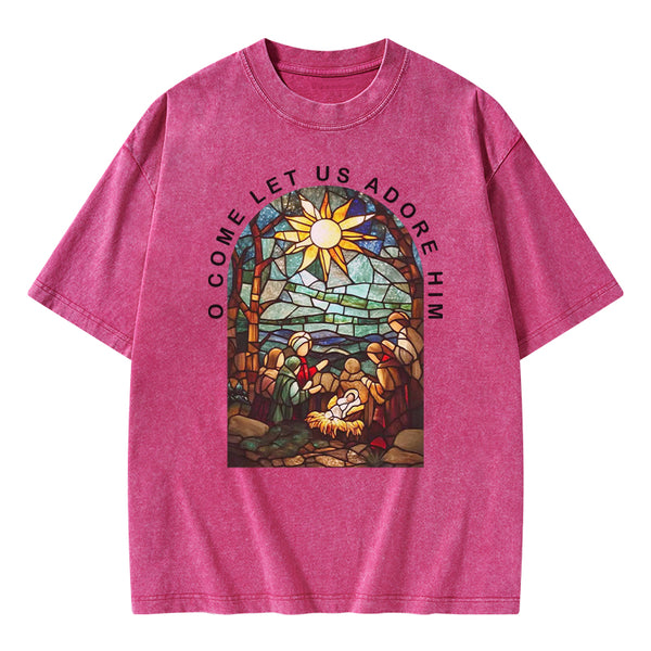 O Come Let Us Adore Him Christian Washed T-shirt