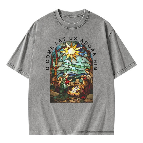 O Come Let Us Adore Him Christian Washed T-shirt