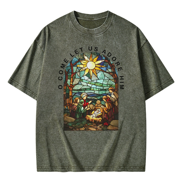 O Come Let Us Adore Him Christian Washed T-shirt