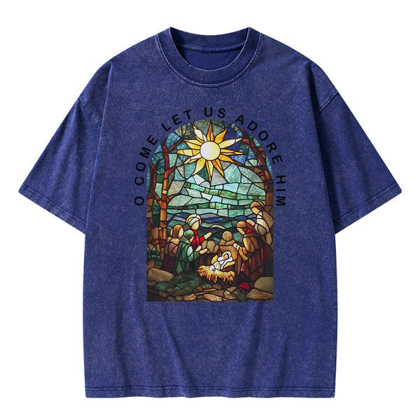 O Come Let Us Adore Him Christian Washed T-shirt