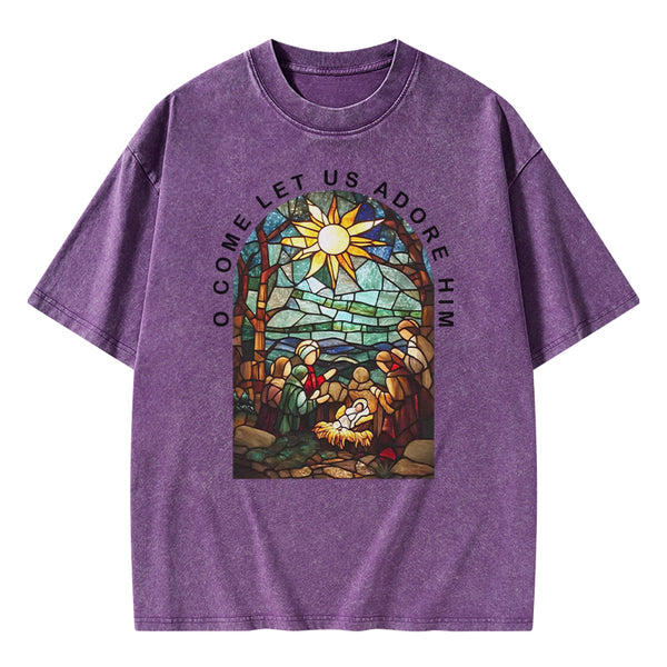 O Come Let Us Adore Him Christian Washed T-shirt