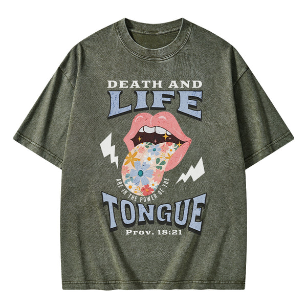 GC-WTS0027 Death And Life Tongue Christian Washed T-Shirt