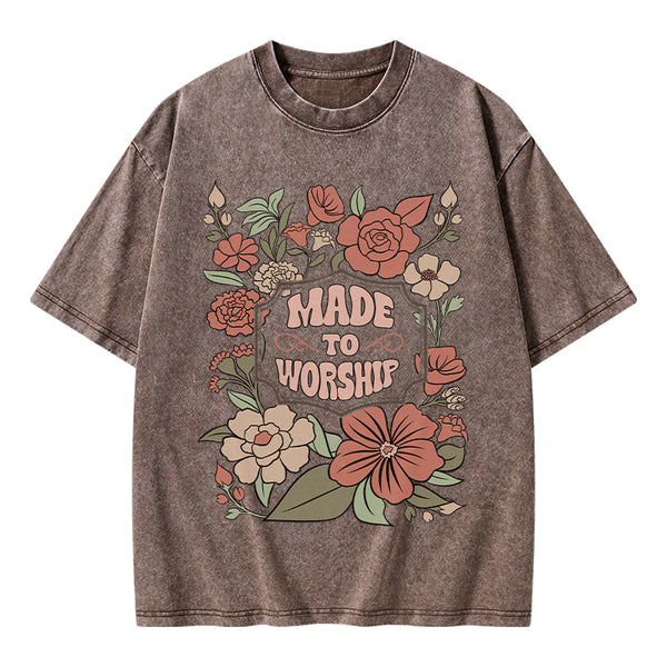 GC-WTS0138 Made To Worship Retro Floral Christian Washed T-Shirt