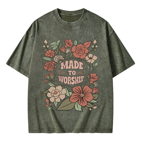 GC-WTS0138 Made To Worship Retro Floral Christian Washed T-Shirt