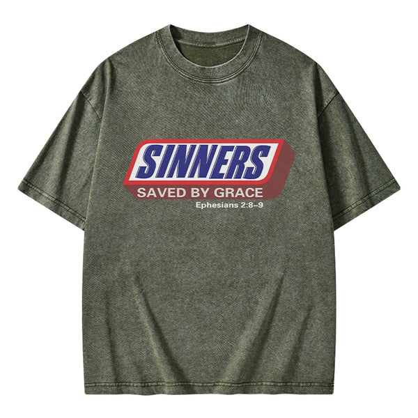 Sinners Saved By Grace Christian Washed T-Shirt