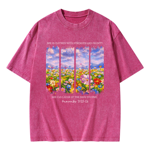She Is Clothed With Strength And Dignity Christian Washed T-Shirt