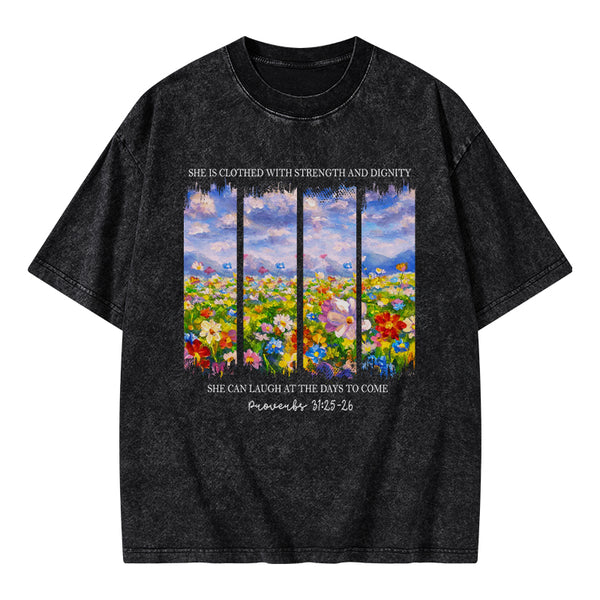 She Is Clothed With Strength And Dignity Christian Washed T-Shirt
